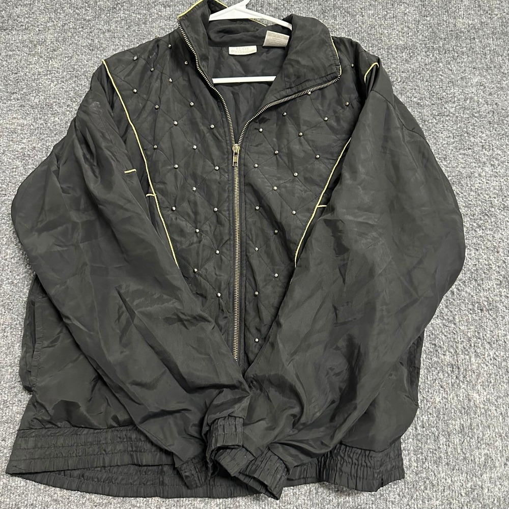 Blair Boutique Jacket Womens Medium Black Quilted Studded Gold Trim Zip Up Light